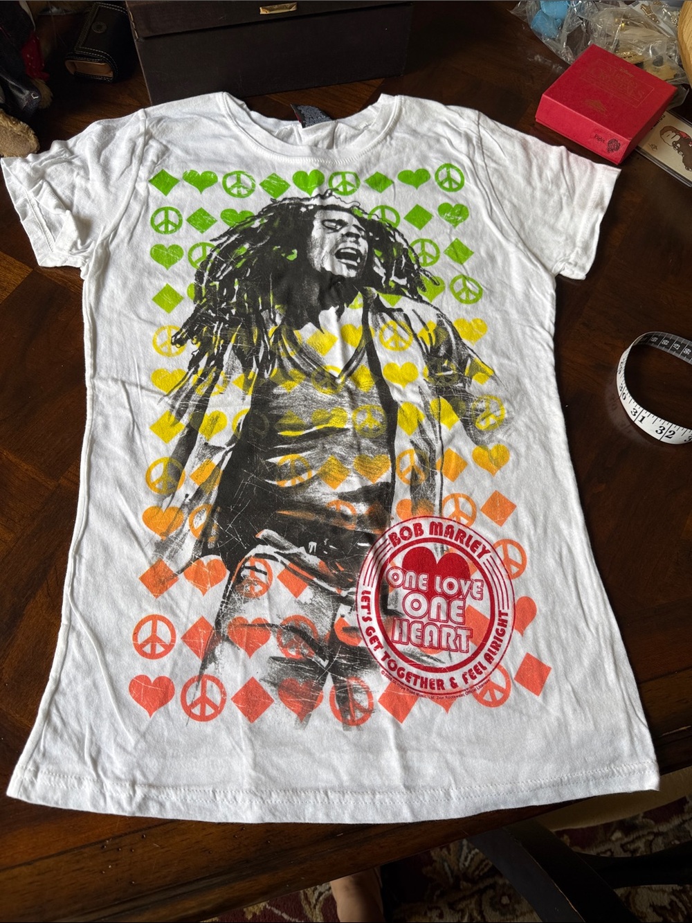 Bob Marley "One Love One Heart" Graphic Tee - White with Green/Yellow/Orange/Red